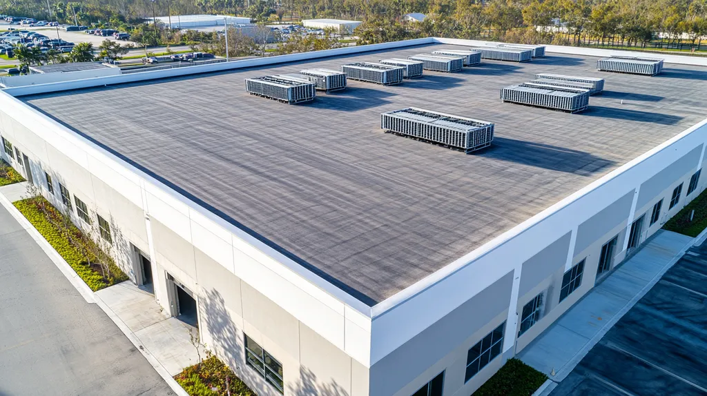 A commercial roof on a distribution center in a location similar to Tampa with an architectural photography aesthetic (AI image)