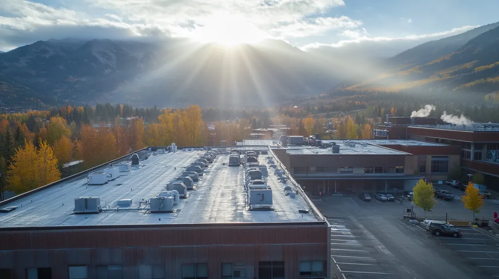 A commercial roof on a factory in a location similar to Aspen with a light beams aesthetic (AI image)