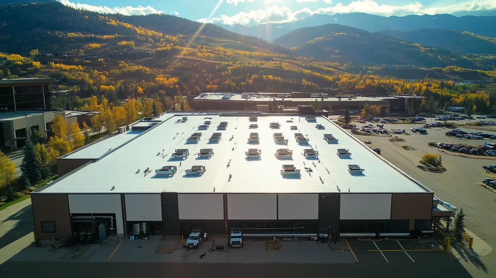 A commercial roof on a factory in a location similar to Aspen with a light beams aesthetic (AI image)