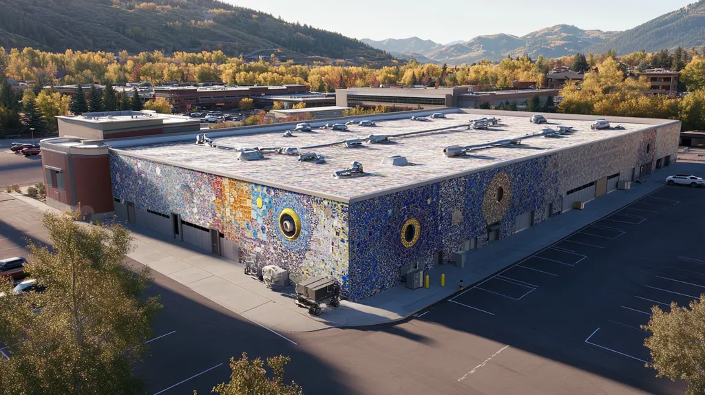 A commercial roof on a factory in a location similar to Aspen with a mosaic tile art aesthetic (AI image)