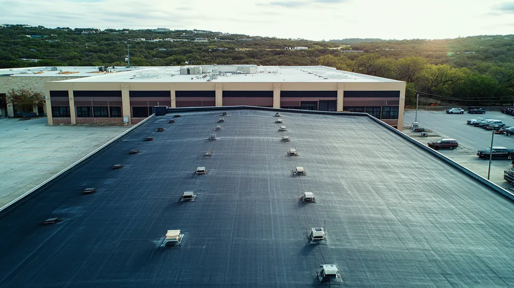 A commercial roof on a factory in a location similar to Austin with a light beams aesthetic (AI image)