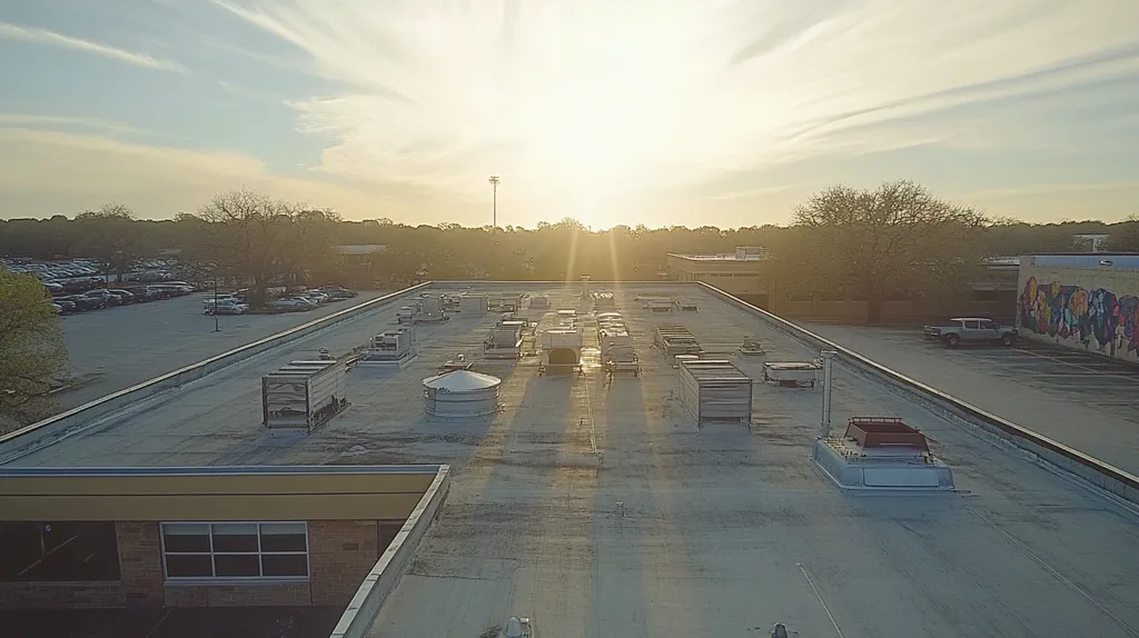 A commercial roof on a factory in a location similar to Austin with a light beams aesthetic (AI image)