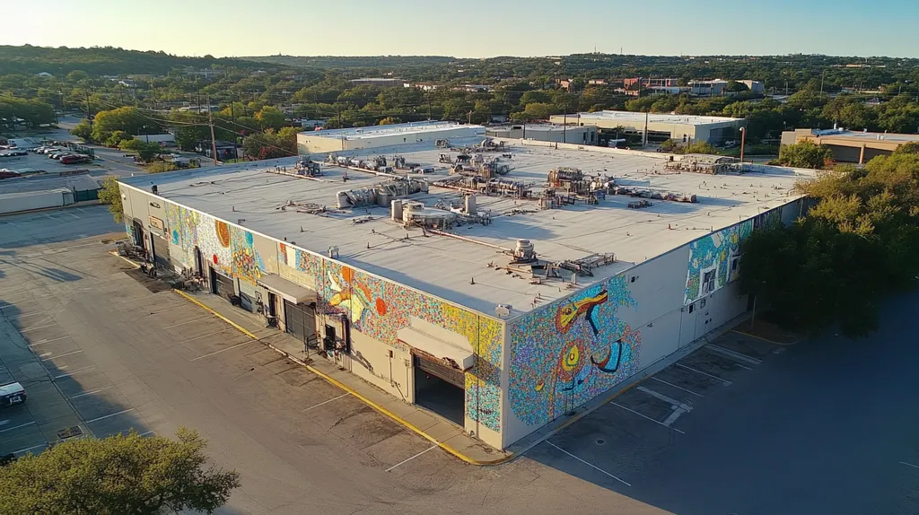 A commercial roof on a factory in a location similar to Austin with a mosaic tile art aesthetic (AI image)