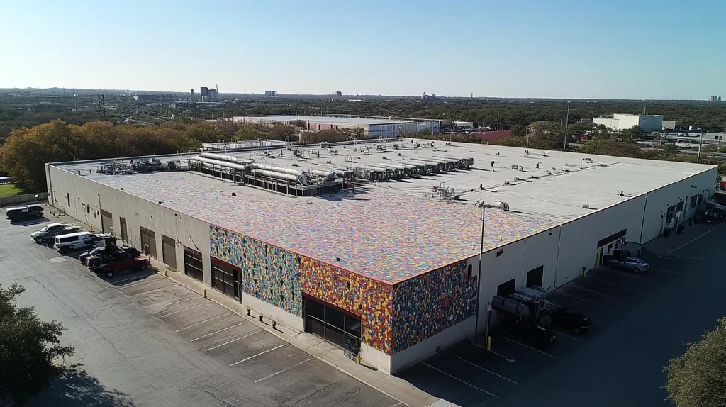 A commercial roof on a factory in a location similar to Austin with a mosaic tile art aesthetic (AI image)