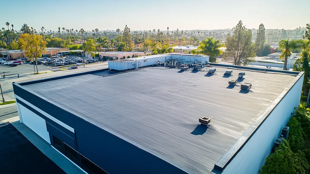 A commercial roof on a factory in a location similar to Beverly Hills with an architectural photography aesthetic (AI image)
