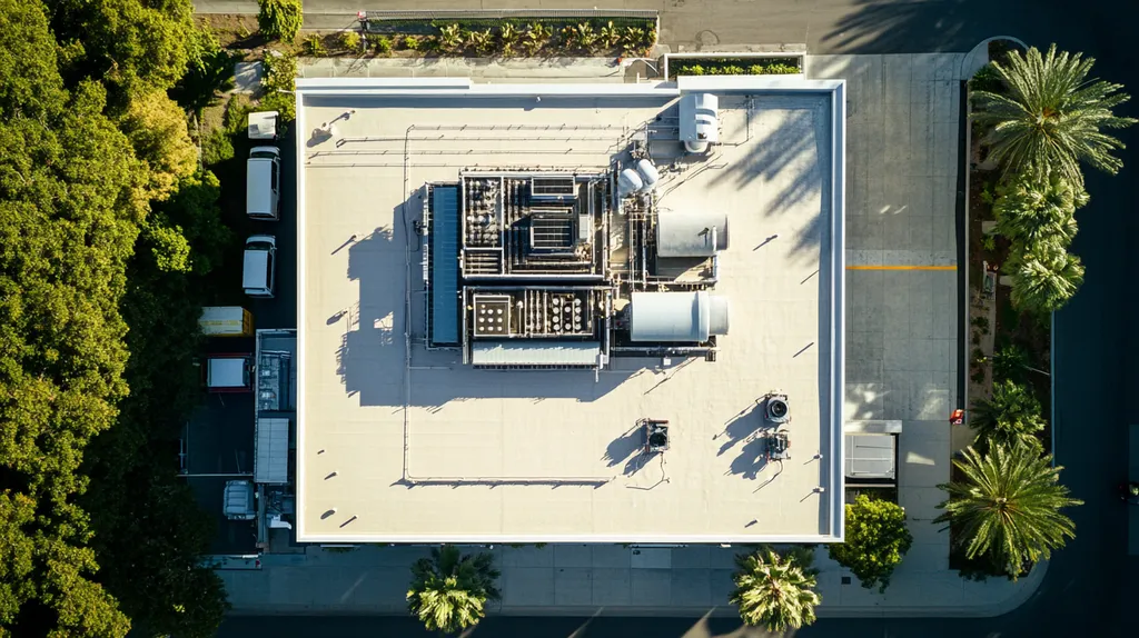 A commercial roof on a factory in a location similar to Beverly Hills with an architectural photography aesthetic (AI image)