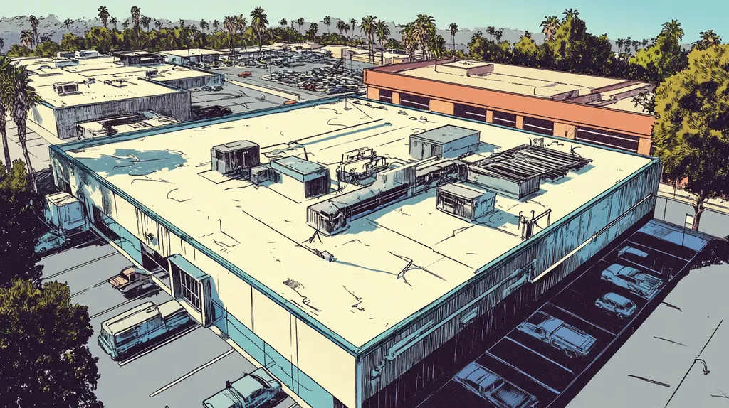 A commercial roof on a factory in a location similar to Beverly Hills with a comic book style aesthetic (AI image)