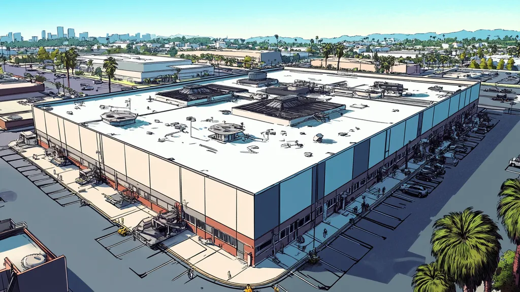 A commercial roof on a factory in a location similar to Beverly Hills with a comic book style aesthetic (AI image)