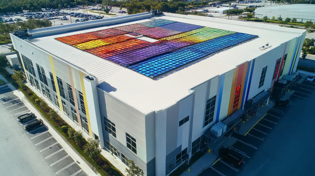 A commercial roof on a factory in a location similar to Tampa with a stained glass style aesthetic (AI image)