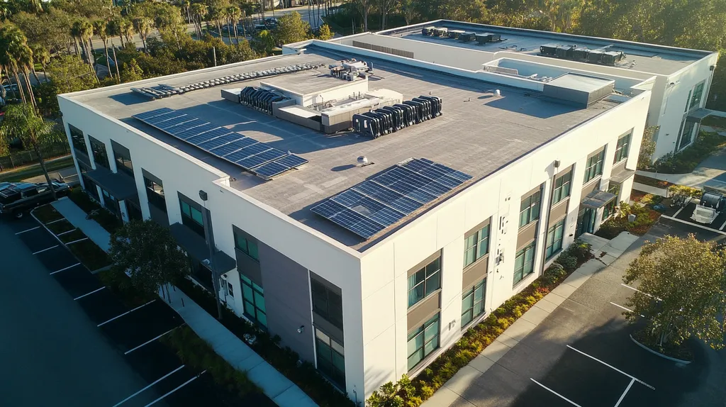 A commercial roof on a fitness gym in a location similar to Tampa with a color highlight aesthetic (AI image)