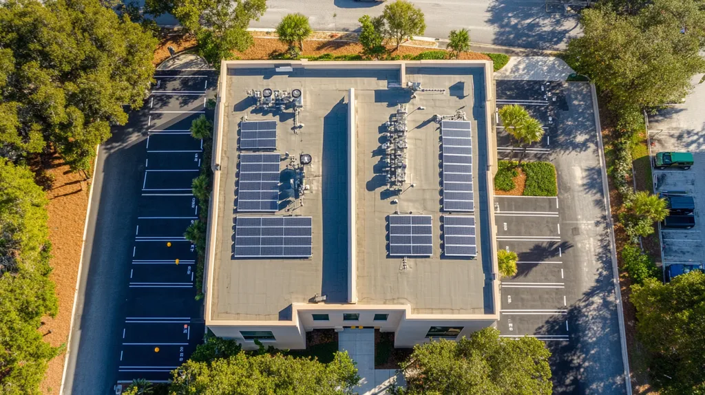 A commercial roof on a fitness gym in a location similar to Tampa with a color highlight aesthetic (AI image)