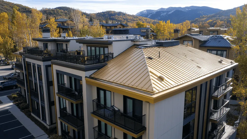 A commercial roof on high-rise apartments in a location similar to Aspen with a solid gold aesthetic (AI image)