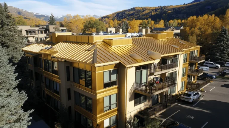 A commercial roof on high-rise apartments in a location similar to Aspen with a solid gold aesthetic (AI image)
