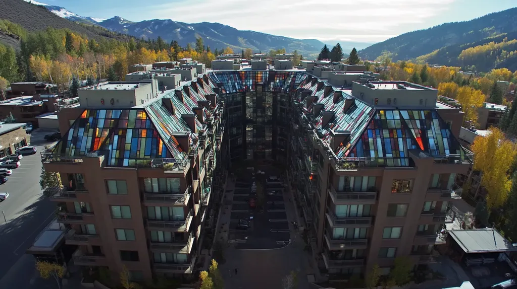 A commercial roof on high-rise apartments in a location similar to Aspen with a stained glass style aesthetic (AI image)