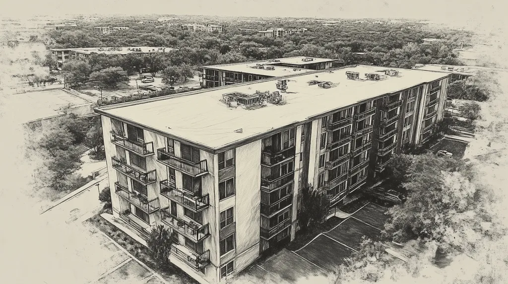 A commercial roof on high-rise apartments in a location similar to Austin with a charcoal sketch aesthetic (AI image)