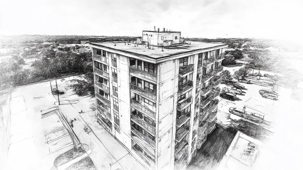 A commercial roof on high-rise apartments in a location similar to Austin with a charcoal sketch aesthetic (AI image)