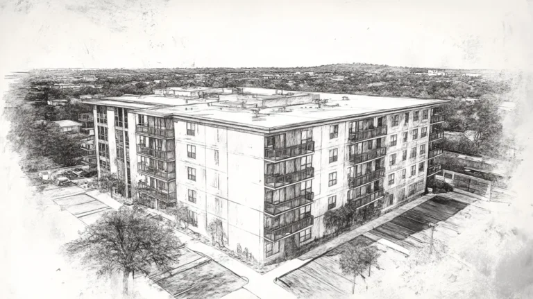A commercial roof on high-rise apartments in a location similar to Austin with a charcoal sketch aesthetic (AI image)