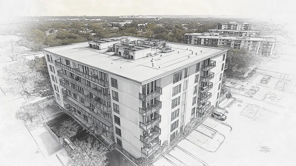 A commercial roof on high-rise apartments in a location similar to Austin with a charcoal sketch aesthetic (AI image)