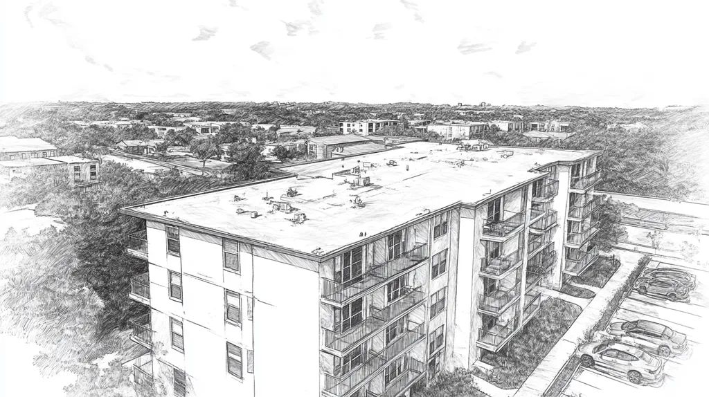 A commercial roof on high-rise apartments in a location similar to Austin with a charcoal sketch aesthetic (AI image)