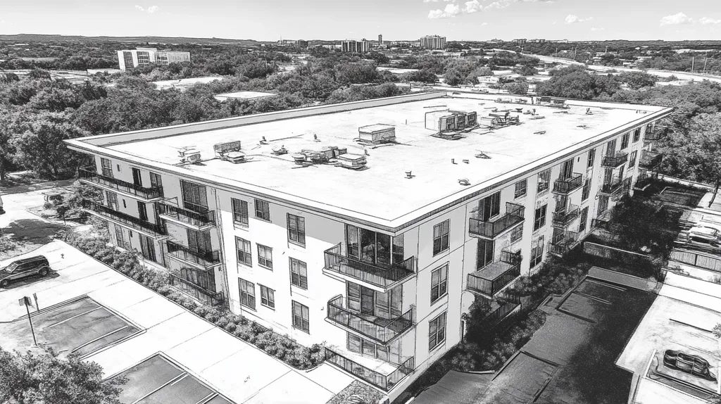 A commercial roof on high-rise apartments in a location similar to Austin with a charcoal sketch aesthetic (AI image)