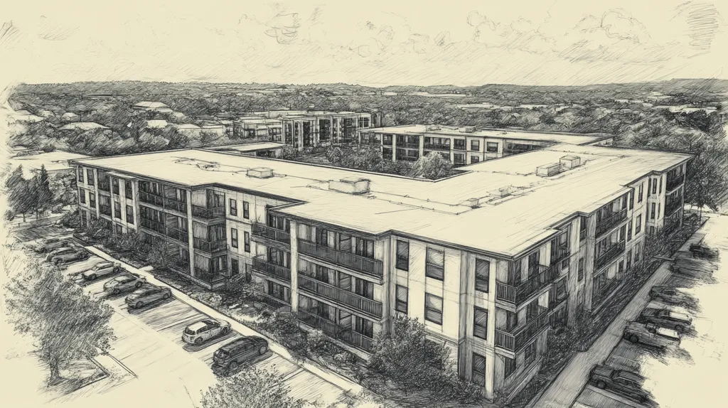 A commercial roof on high-rise apartments in a location similar to Austin with a charcoal sketch aesthetic (AI image)