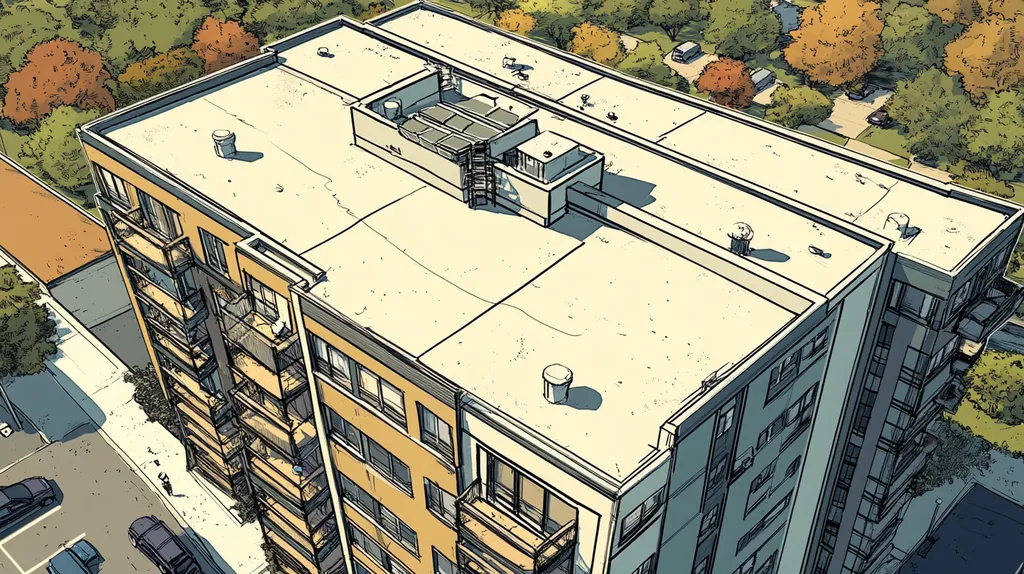 A commercial roof on high-rise apartments in a location similar to Austin with a comic book style aesthetic (AI image)