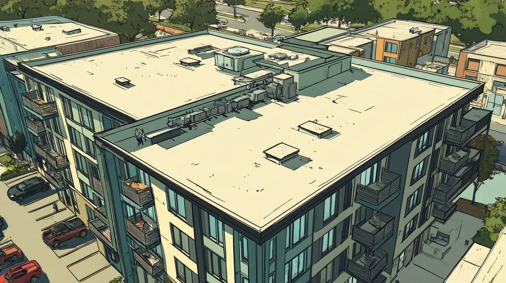 A commercial roof on high-rise apartments in a location similar to Austin with a comic book style aesthetic (AI image)