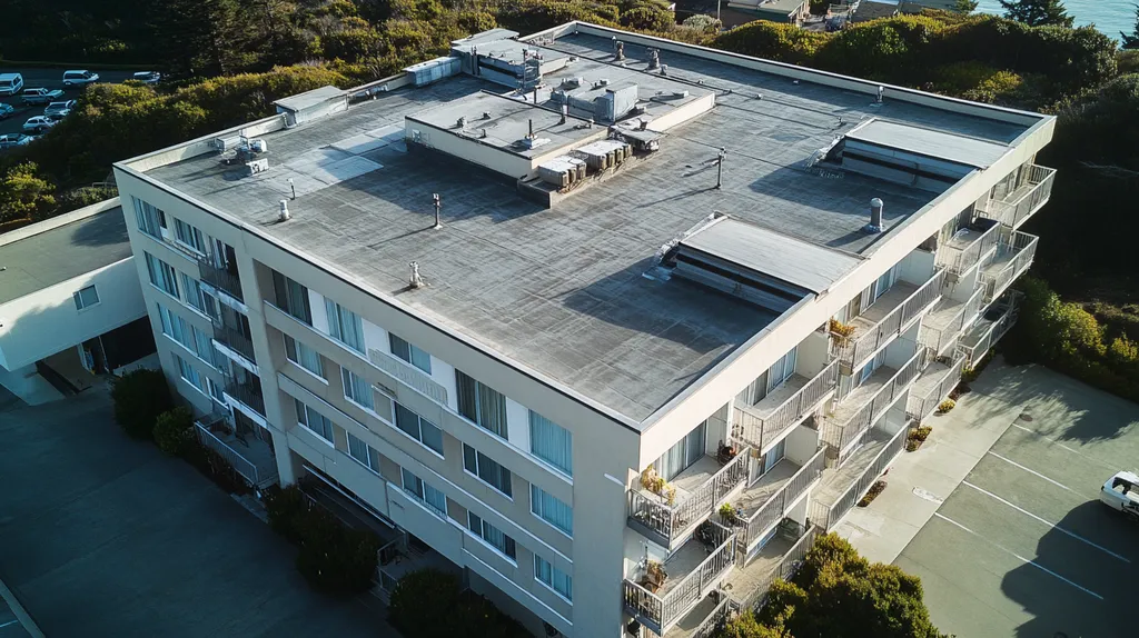A commercial roof on high-rise apartments in a location similar to Big Sur with a cross-processed look aesthetic (AI image)