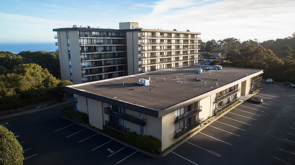 A commercial roof on high rise apartments in a location similar to Big Sur with a cross-processed look aesthetic (AI image)