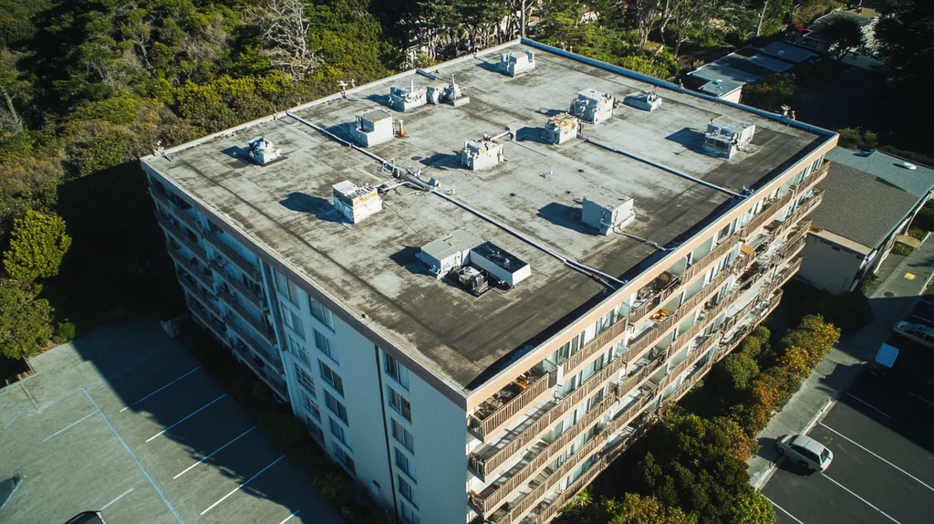 A commercial roof on high-rise apartments in a location similar to Big Sur with a cross-processed look aesthetic (AI image)