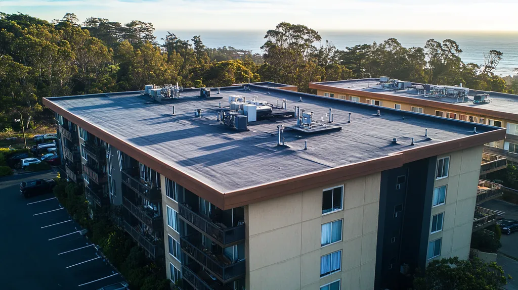 A commercial roof on high-rise apartments in a location similar to Big Sur with a cross-processed look aesthetic (AI image)