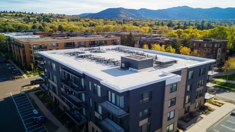 A commercial roof on high-rise apartments in a location similar to Boulder with an architectural photography aesthetic (AI image)