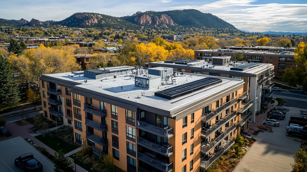 A commercial roof on high-rise apartments in a location similar to Boulder with an architectural photography aesthetic (AI image)