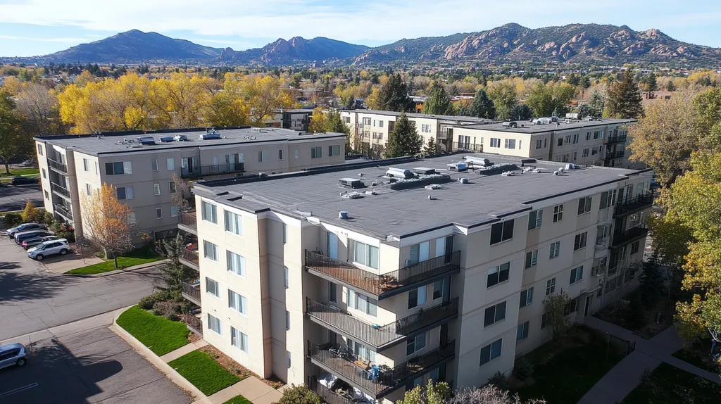 A commercial roof on high-rise apartments in a location similar to Boulder with a comic book style aesthetic (AI image)