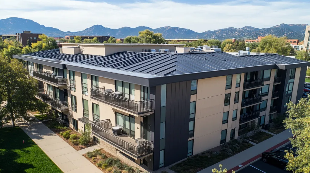 A commercial roof on high-rise apartments in a location similar to Boulder with a comic book style aesthetic (AI image)