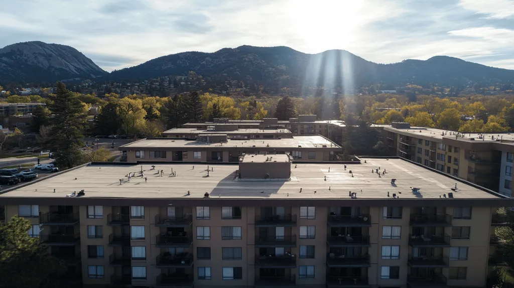 A commercial roof on high-rise apartments in a location similar to Boulder with a light beams aesthetic (AI image)