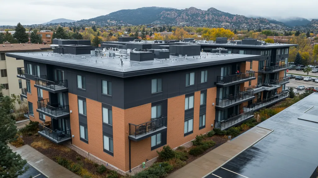 A commercial roof on high-rise apartments in a location similar to Boulder with a rainy day aesthetic (AI image)