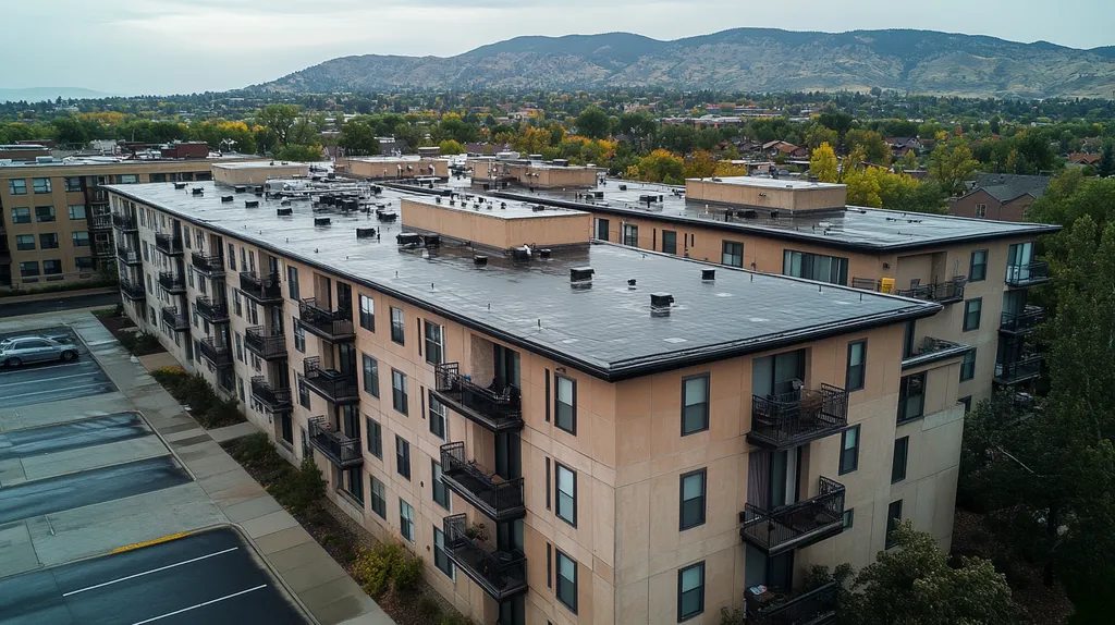 A commercial roof on high-rise apartments in a location similar to Boulder with a rainy day aesthetic (AI image)