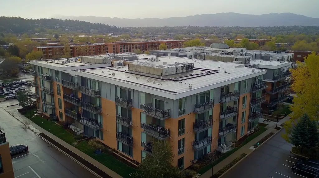 A commercial roof on high-rise apartments in a location similar to Boulder with a rainy day aesthetic (AI image)