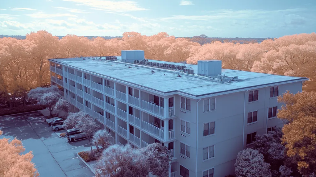 A commercial roof on high-rise apartments in a location similar to Charleston with an infrared photography aesthetic (AI image)