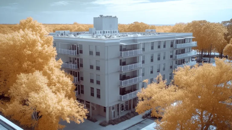 A commercial roof on high-rise apartments in a location similar to Charleston with an infrared photography aesthetic (AI image)