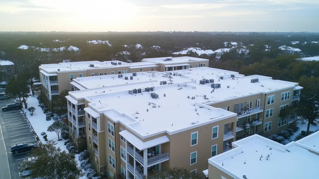 A commercial roof on high-rise apartments in a location similar to Charleston with a snowy day aesthetic (AI image)