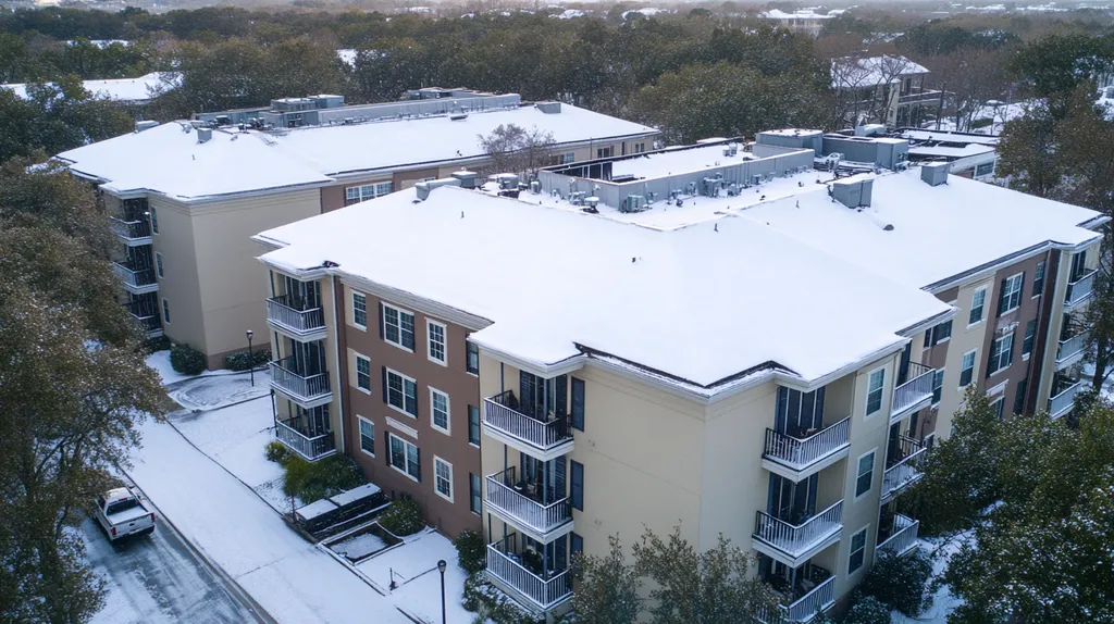 A commercial roof on high-rise apartments in a location similar to Charleston with a snowy day aesthetic (AI image)