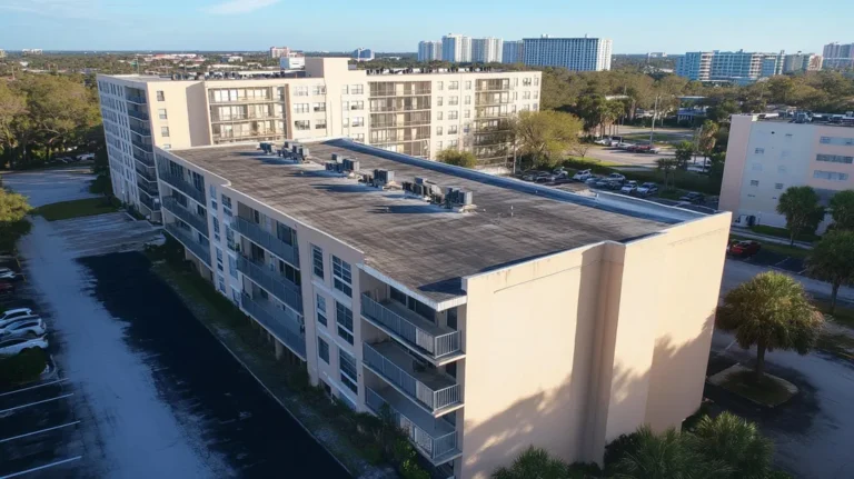 A commercial roof on high rise apartments in a location similar to Tampa with an urban context aesthetic (AI image)