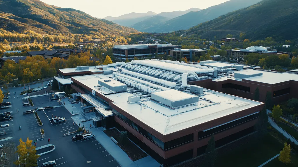 A commercial roof on a hospital in a location similar to Aspen with an ethereal glow aesthetic (AI image)
