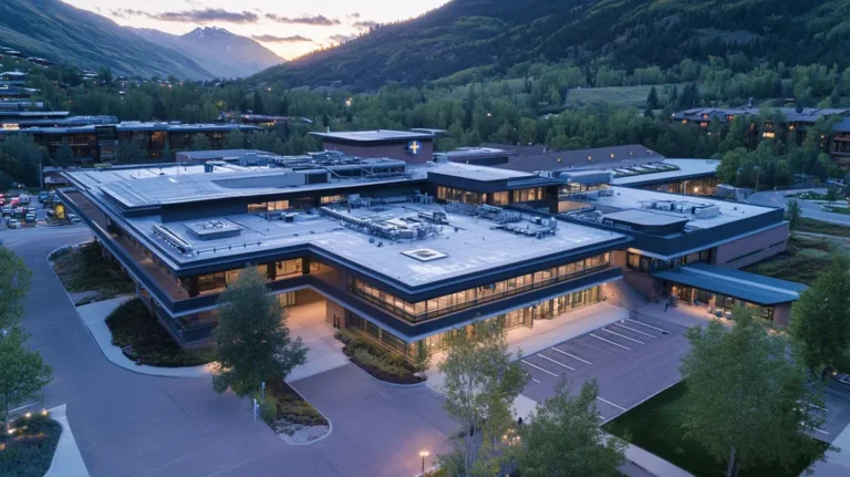 A commercial roof on a hospital in a location similar to Aspen with an ethereal glow aesthetic (AI image)