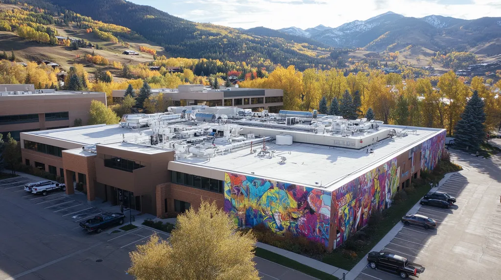 A commercial roof on a hospital in a location similar to Aspen with a graffiti mural aesthetic (AI image)