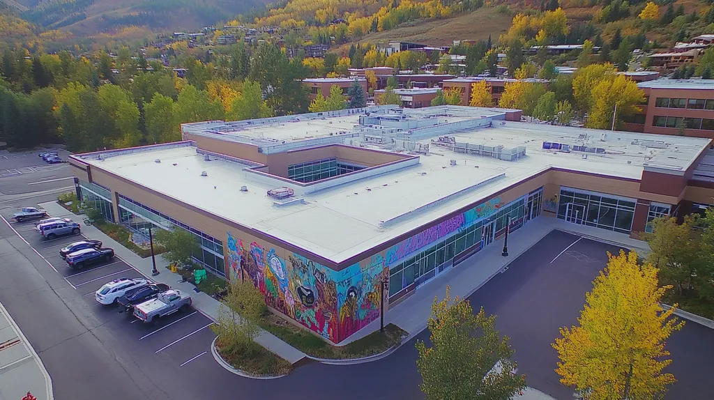 A commercial roof on a hospital in a location similar to Aspen with a graffiti mural aesthetic (AI image)