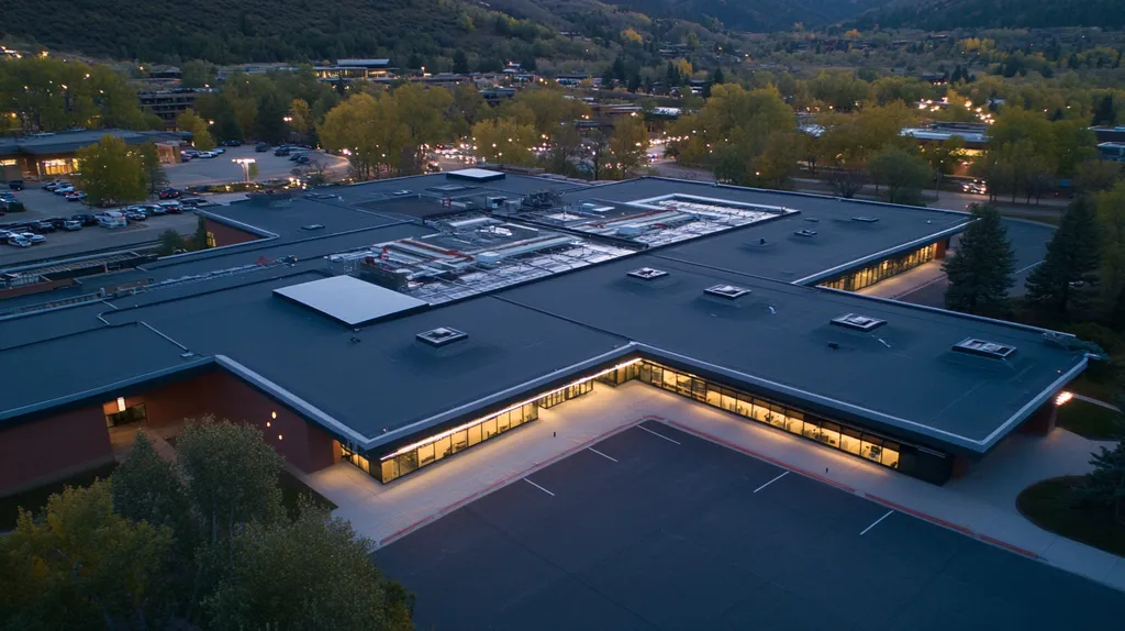 A commercial roof on a hospital in a location similar to Aspen with an illuminated nightscape aesthetic (AI image)