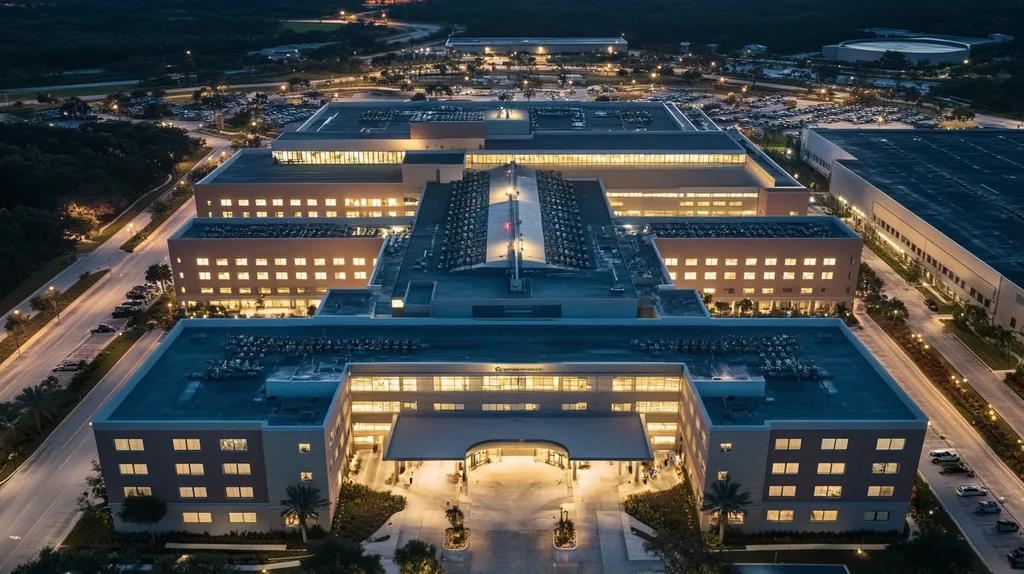A commercial roof on a hospital in a location similar to Tampa with an illuminated nightscape aesthetic (AI image)